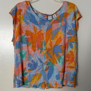 Joie women’s colorful vibrant Floral Cap Sleeve Linen Tee, XL, Resortwear summer